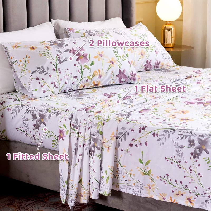QSH Floral Queen Size Sheet Sets - Yellow Wild Flower Botanical Pattern Egyptian Cotton Printed Bedding Sheets Set Queen Size Bed Extra Breathable 4pcs Queen Sheet Set Deep Pocket 17.5" - Image 5